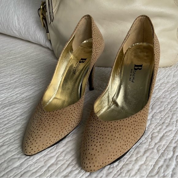 BROWNS  SUEDE PUMPS / CAMEL WITH BROWN DOT DETAIL / GOLD / 3 INCH HIGH HEEL - Picture 3 of 12